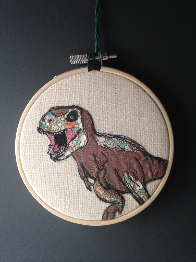 Dinosaurs Freehand machine embroidery, wall art, textile art, embroidery hoop, natalie randall textile artist, embroidery, hipster art, dinosaur, tyrannosaurus,
